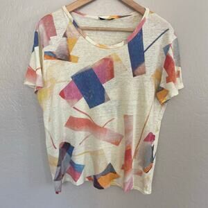 IRO Paris Dawson 100% Linen T-Shirt Womens Sz 1 Large Abstract Distressed Artsy